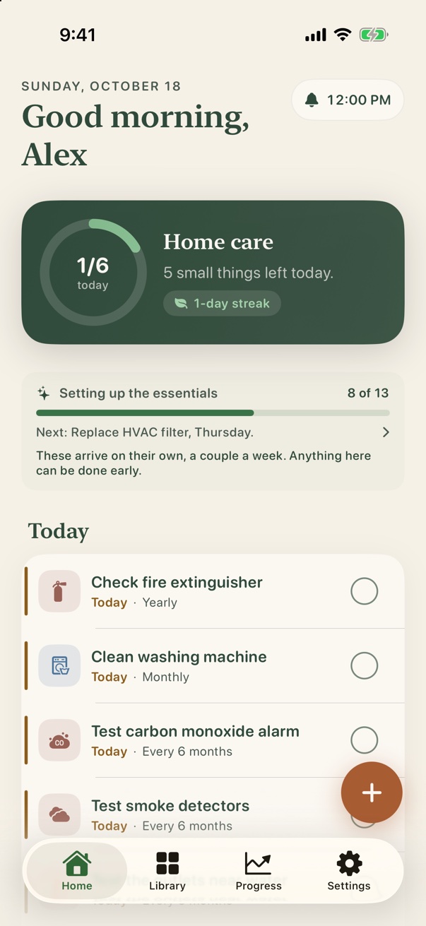 The Thrively Home screen: today's maintenance list, a progress ring, and the essentials being set up five of thirteen